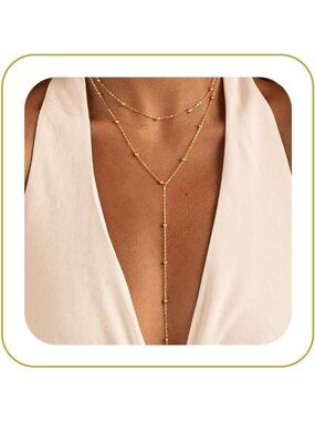 Women Layered Bead YNecklace Non Tarnish Chunky 14k Gold Plated Layered Necklace